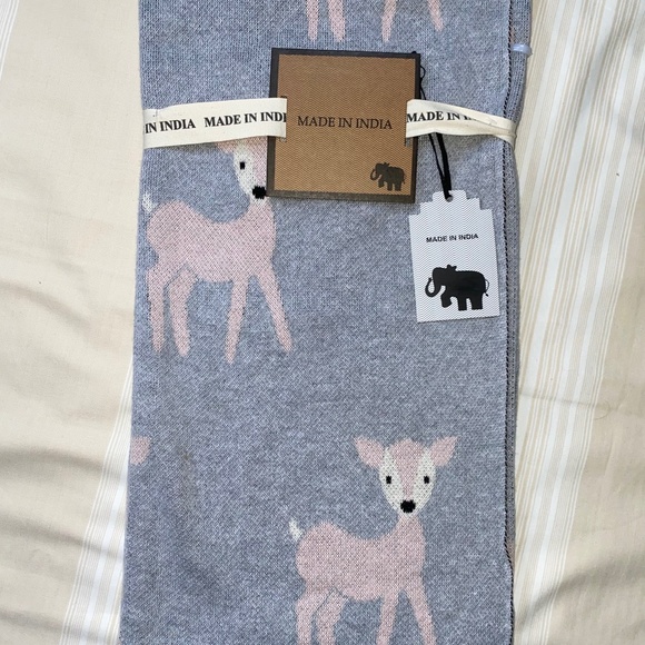 New Made In India Baby Throw Blanket Doe Deer Gray Pink Ivory Cotton Shower Gift - Picture 1 of 8